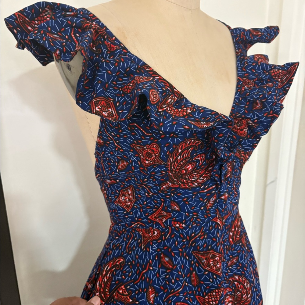 African Halter Blue Print Floral and Red Maxi Dress - Picture 6 of 9